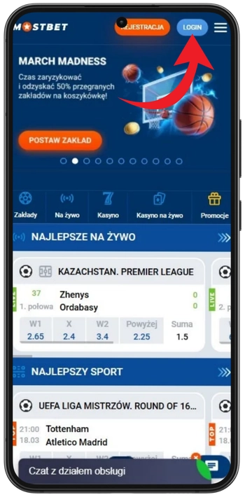 Niebieski przycisk Login w prawym górnym rogu