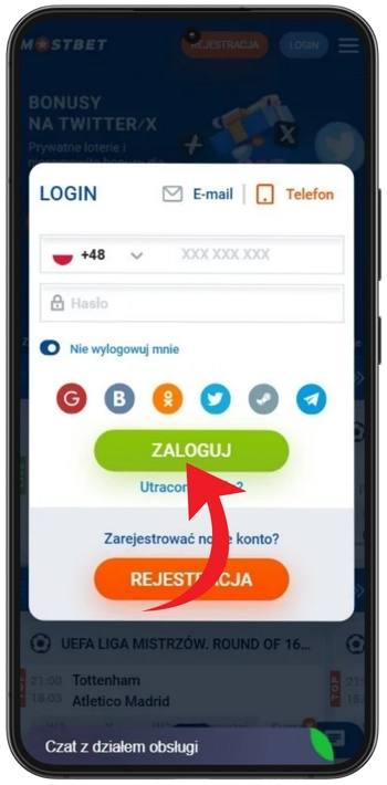 Zielony przycisk Zaloguj i przekierowanie do konta